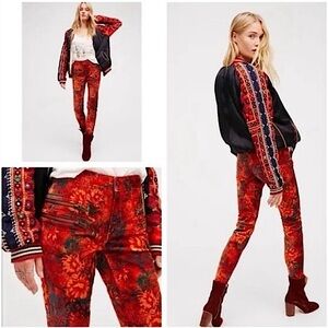 Free People Orange Lennon Funkytown Floral Velvet Skinny Pants
